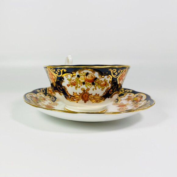 Cobalt Blue Floral Royal Crown Albert Alhambra Cup and Saucer Gold Trim England - Picture 4 of 6